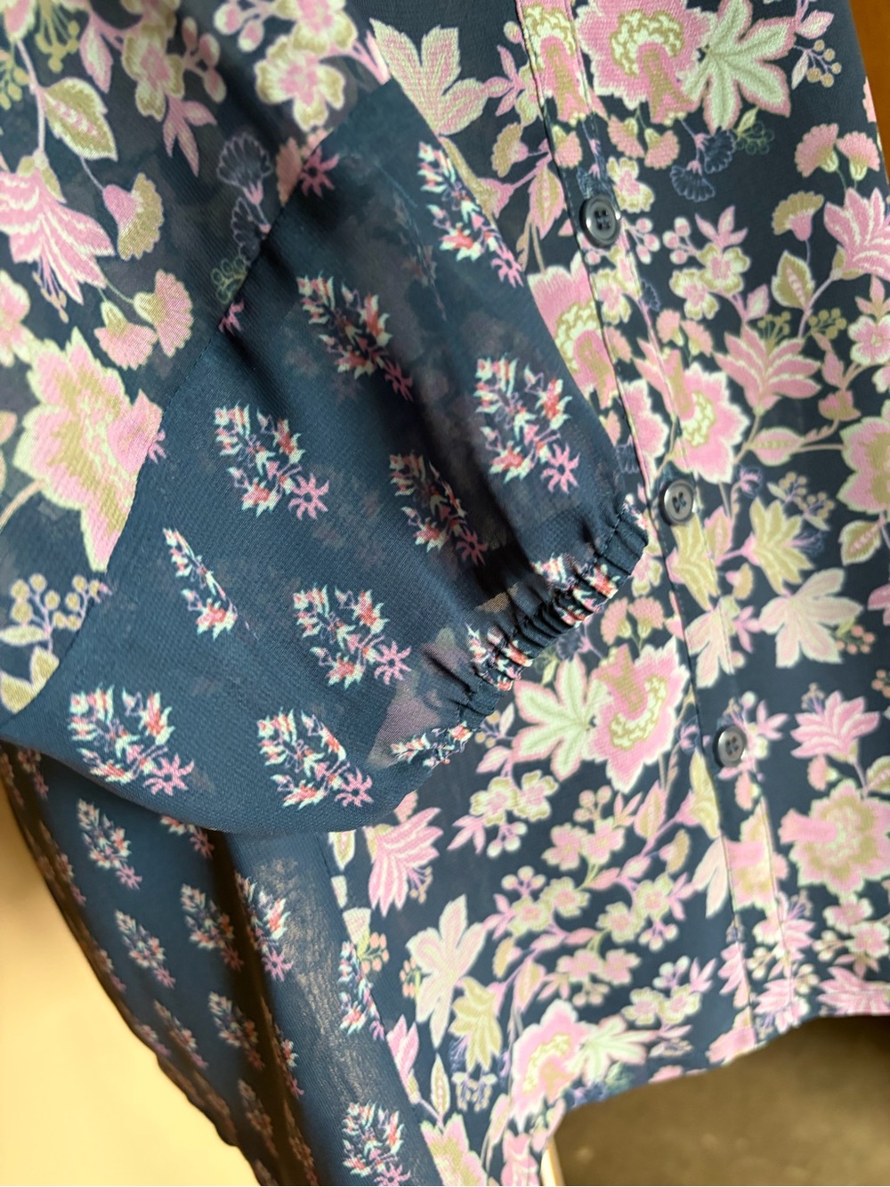 Coldwater Creek Navy Button-Front Floral Blouse with Pink Accents - Picture 6 of 6